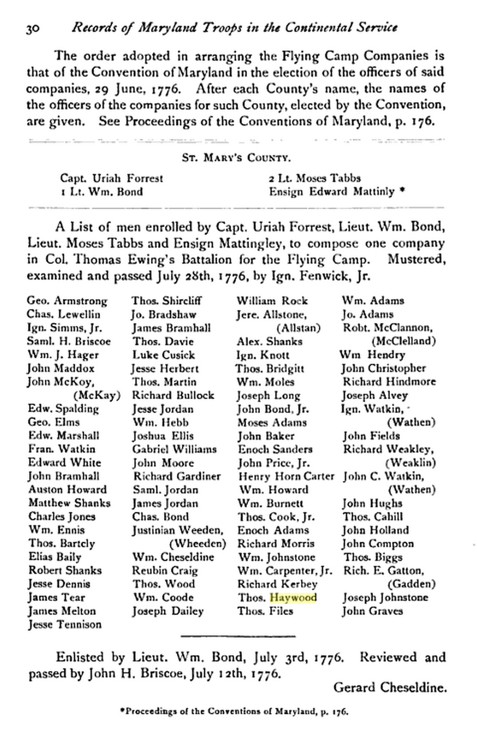 Muster roll of Maryland Militia including Thomas Haywood
