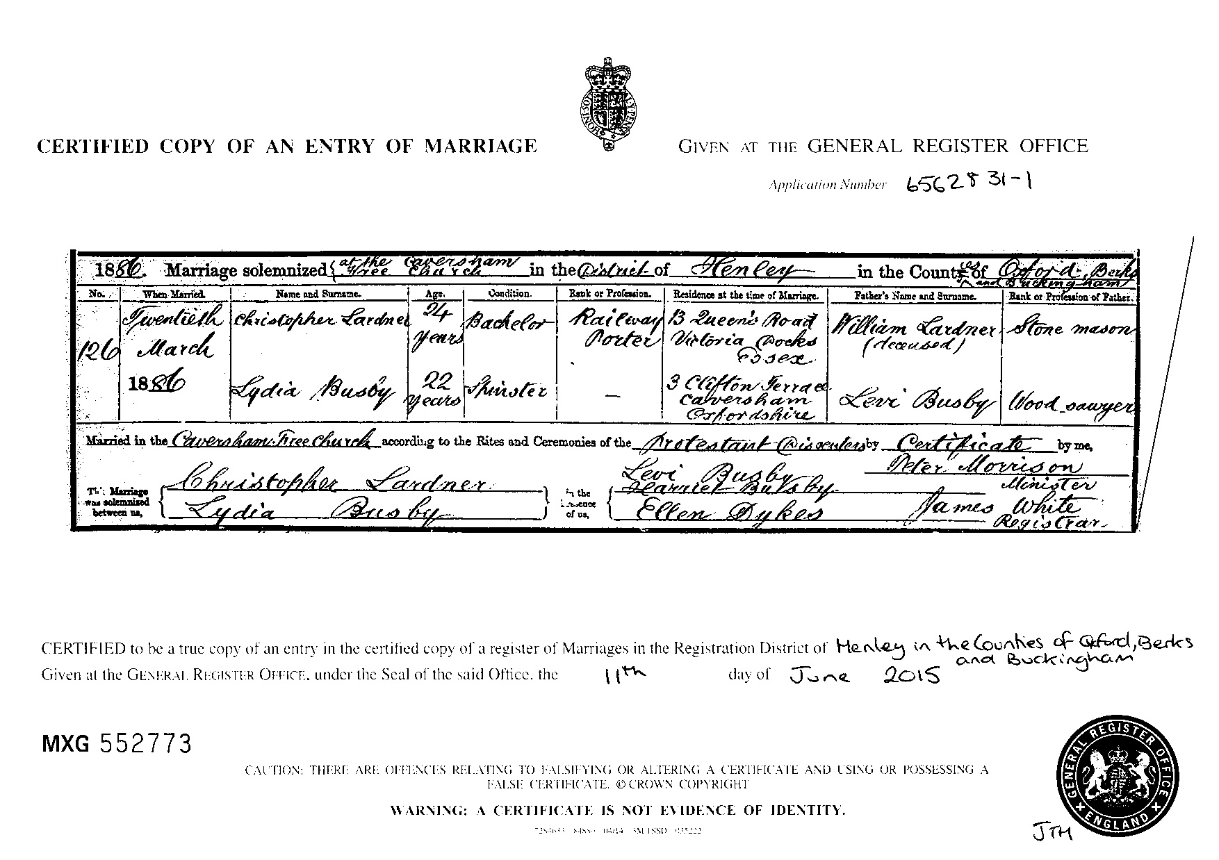 Marriage register for Christopher Lardner and Lydia Busby